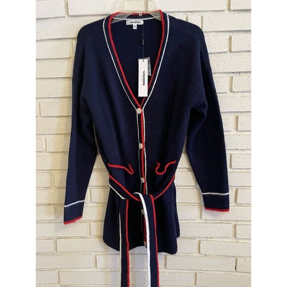 Vigoss Cardigan‎ Sweater Size M Navy Blue Red White Belted Pearly Buttons NWT - Picture 1 of 7